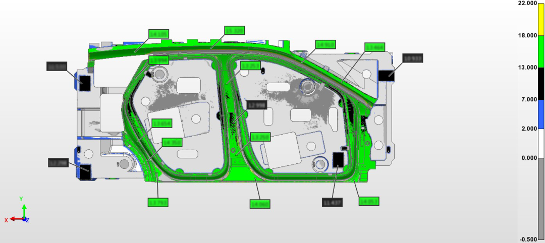將三維檢測(cè)數(shù)據(jù)與原數(shù)模進(jìn)行比對(duì)，得到各位置的加工余量。汽車(chē)側(cè)門(mén)模具加工余量色彩差圖（檢測(cè)報(bào)告部分示意）